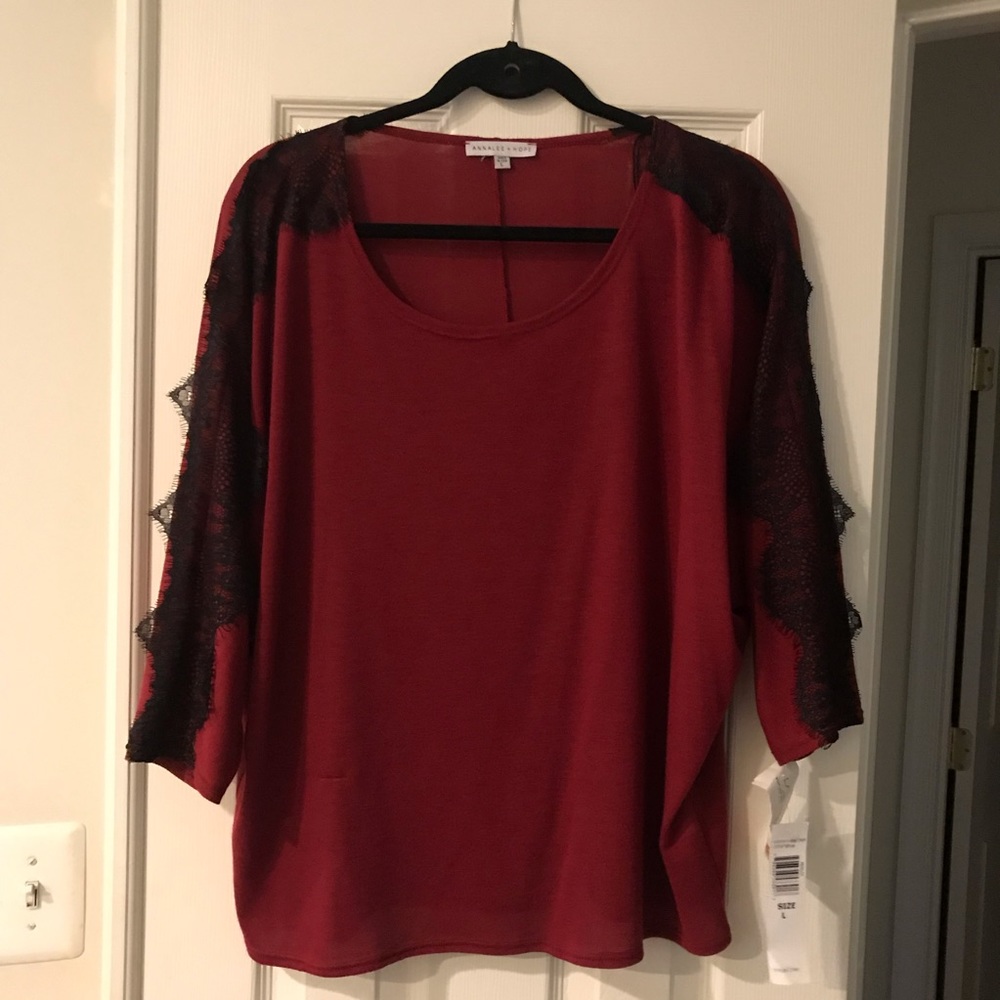 Merlot 3/4 Sleeve Blouse with Black Lace Overlay.
